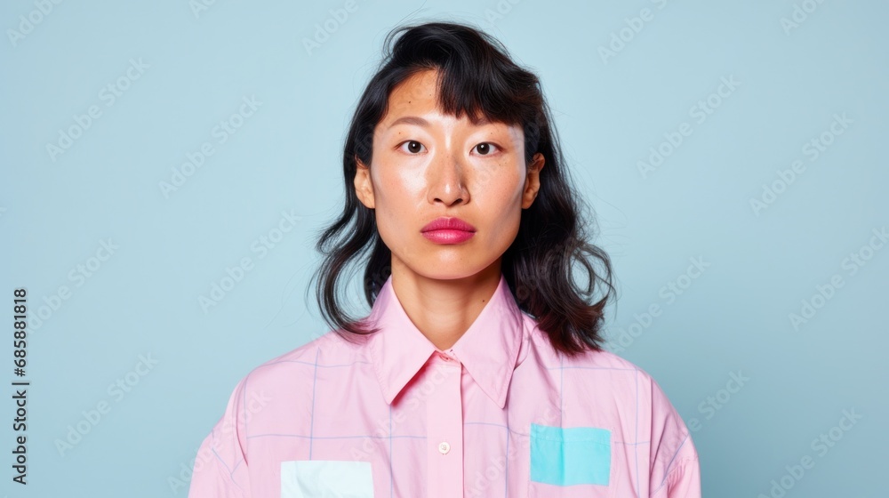 Asian beauty captivates in a chic pose against a light beige pink studio backdrop. Asian beauty captivates in a chic pose against a light beige pink studio backdrop.