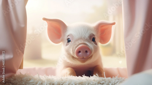 Cute Pink Guinea Mini Pig, Little Pet Lying On Sofa In Bedroom. Taking Care Of Exotic Piglet. Happy Animal. AI Generated. Horizontal Plane photo