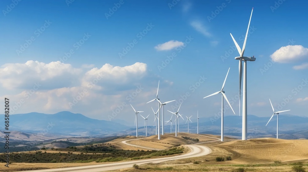 Wind farms against the background of beautiful natural country views, production of ecological energy