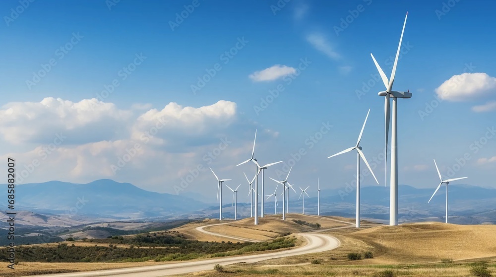 Wind farms against the background of beautiful natural country views, production of ecological energy Wind farms against the background of beautiful natural country views, production of ecological energy