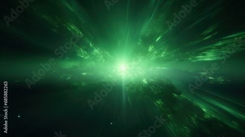 Abstract green light overlays burst effect with digital lens flare. AI generated image