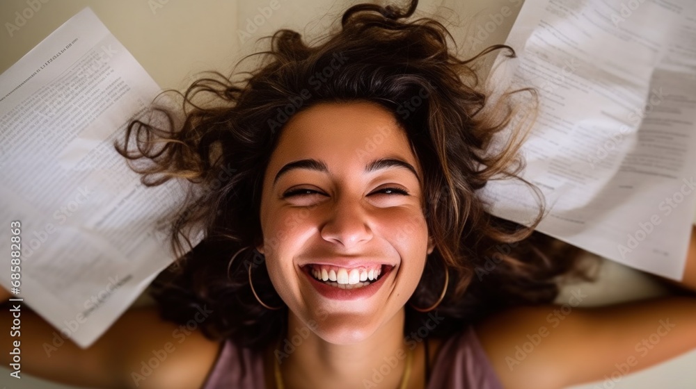 Relaxed woman with a smile on a pile of papers. Relaxed woman with a smile on a pile of papers.