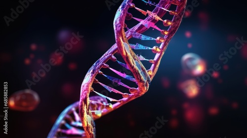 3d rendering macro illustration human DNA anatomy with neon light. AI generated image © saifur