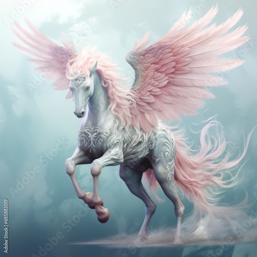 Realistic magical winged pegasus unicorn horse fantasy pastel background. AI generated image