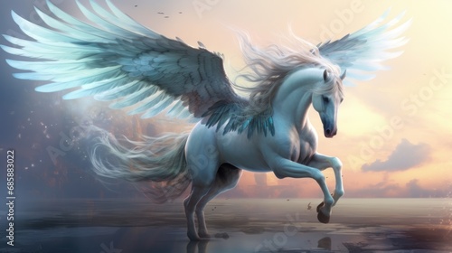 Realistic magical  mythical winged pegasus unicorn horse fantasy background. AI generated image