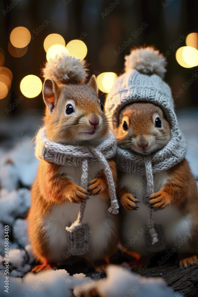 Fototapeta premium On a Cold Snowy Morning Squirrels are Standing in the Snow in their Scarves a Little Clueless Wallpaper Background Digital Art 