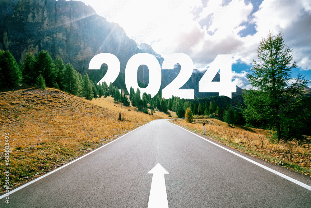 2024 New Year road trip travel and future vision concept . Nature landscape with highway road leading forward to happy new year celebration in the beginning of 2024 for bliss and successful start . - obrazy, fototapety, plakaty 