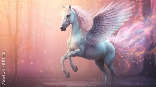 Rendering magical, mythical winged pegasus unicorn horse fantasy pastel background. AI generated image