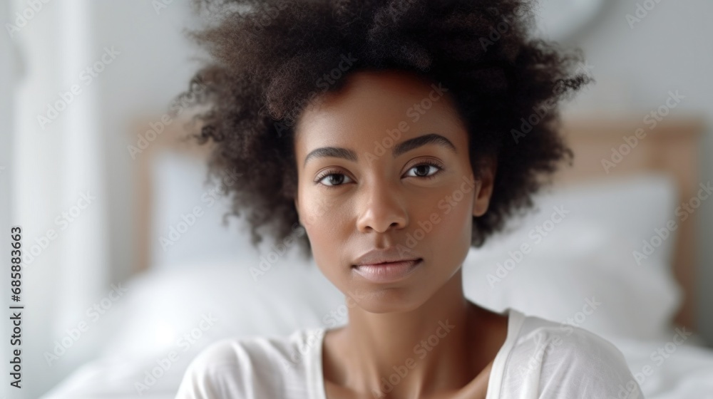 Seated on a white bed, an Afro woman in a room. Seated on a white bed, an Afro woman in a room.