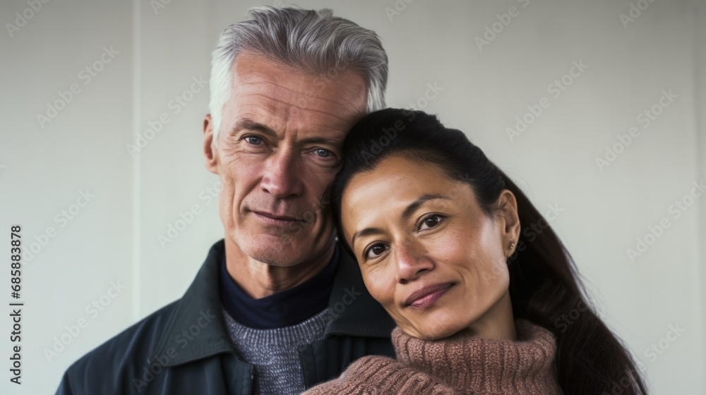 Serene moment as a European couple enjoys a warm hug indoors. Serene moment as a European couple enjoys a warm hug indoors.