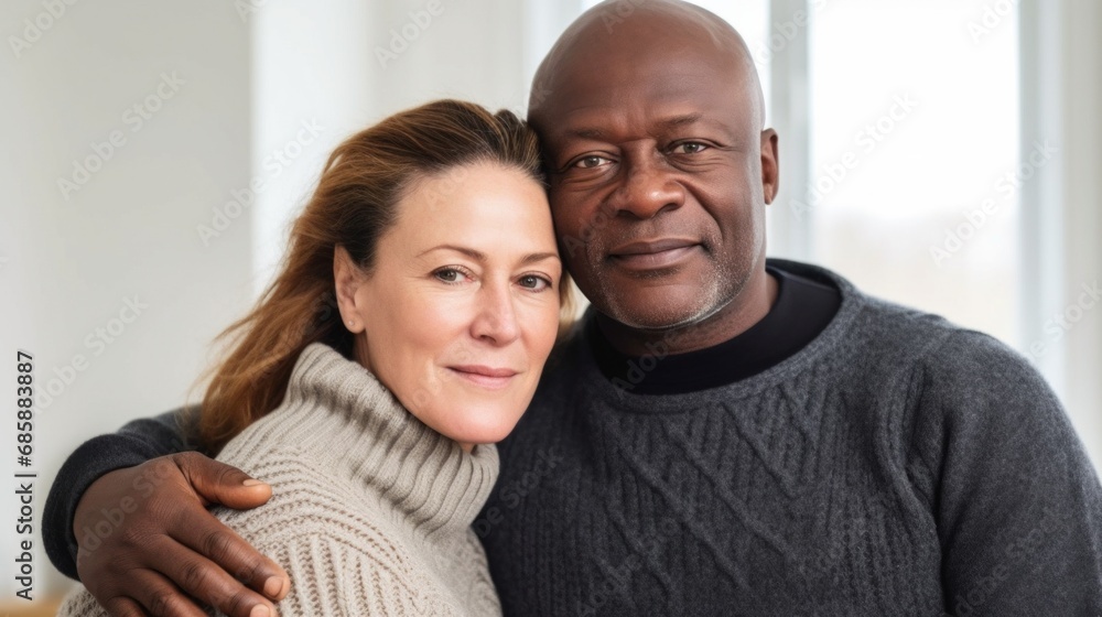 Joyful 50-year-old couple shares a loving embrace at home. Joyful 50-year-old couple shares a loving embrace at home.
