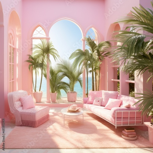Luxury Hotel Interior with Pink Beachside Views