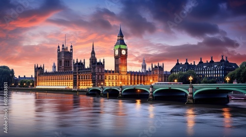 Modern Cityscape with Illuminated Clock Tower Reflecting in River