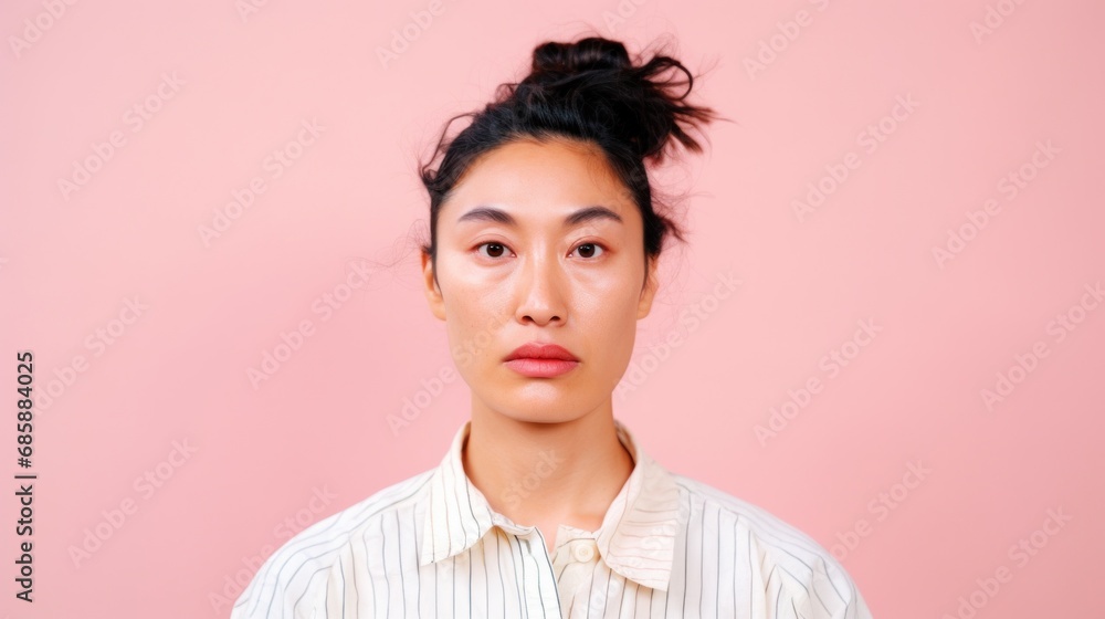 Fototapeta premium Stylish Korean woman looks confidently at the camera in a chic ensemble.