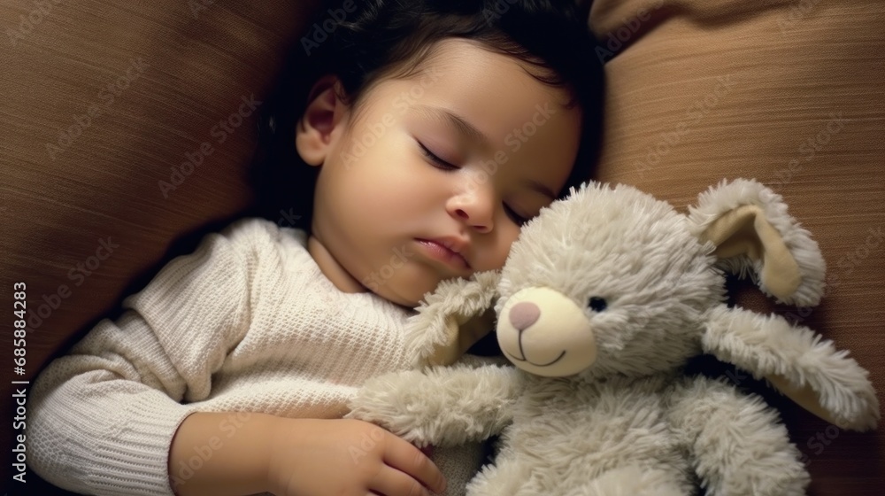Baby rests on a contemporary sofa with a small cuddly toy. Baby rests on a contemporary sofa with a small cuddly toy.