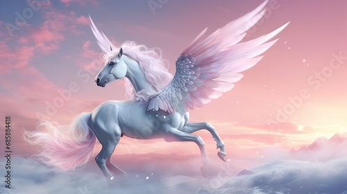 Rendering magical  mythical winged pegasus unicorn horse fantasy pastel background. AI generated image