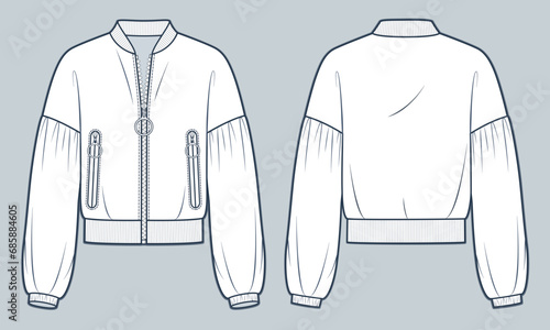 Zipped Bomber Jacket fashion flat technical drawing template. Jacket, Sweatshirt technical fashion illustration, balloon sleeve, front and back view, white, women, men, unisex CAD mockup.