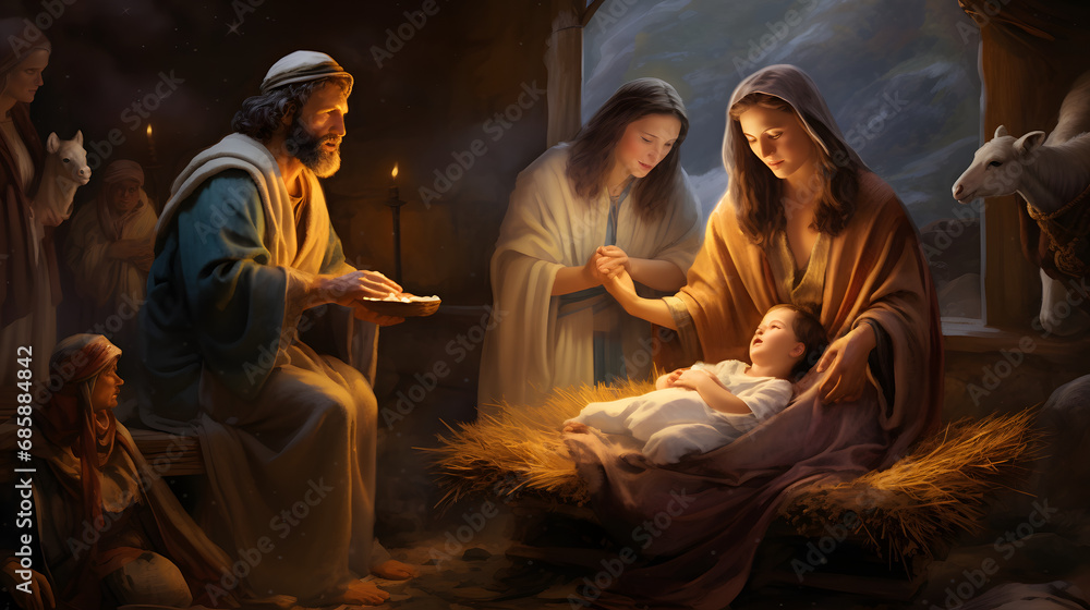 a serene Nativity Scene depicting the birth of Jesus Christ, with the Holy Family, angels, and animals, evoking the spirit of Christmas, perfectly suited for 16:9 widescreen desktop wallpaper