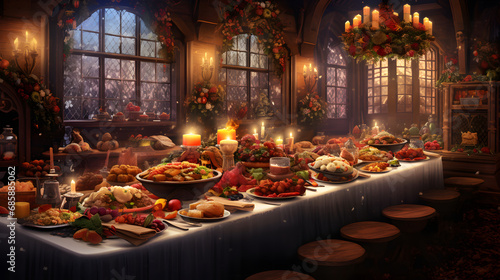 a sumptuous scene of a Christmas Eve Feast filled with delectable dishes, family gatherings, and the warmth of festive celebrations, perfectly suited for 16:9 widescreen desktop wallpaper