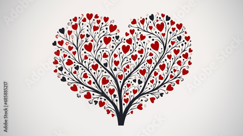 Heart shaped tree with black and red heart shaped leaves on a light grey background