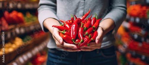 Close-up of young woman holding red hot chili peppers in the supermarket.
