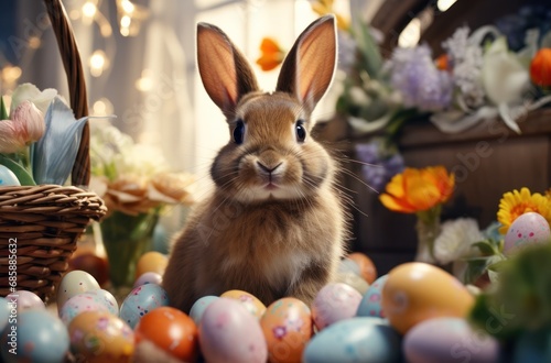 rabbit sitting near easter baskets with easter eggs,