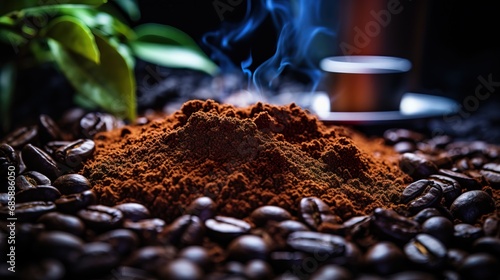 Аromatic ground coffee on the table with roasted coffee beans, close-up