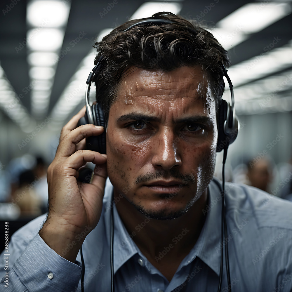 Call Center Professional, Powerful closeup of a tired but determined