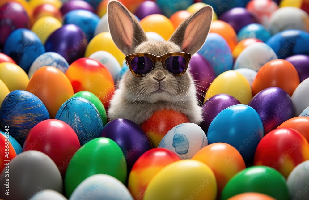 bunny in glasses standing amongst tons of colored easter eggs,