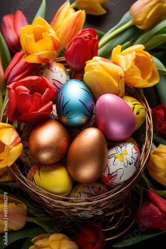 easter basket with colorful eggs and tulips,