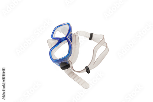 A pair of blue diving goggles, snorkeling mask with transparent background, perspective view