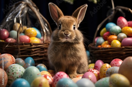 rabbit sitting near easter baskets with easter eggs, © ArtCookStudio