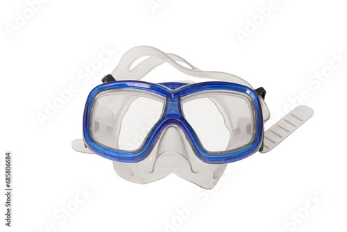 A pair of blue diving goggles, snorkeling mask with transparent background, top view