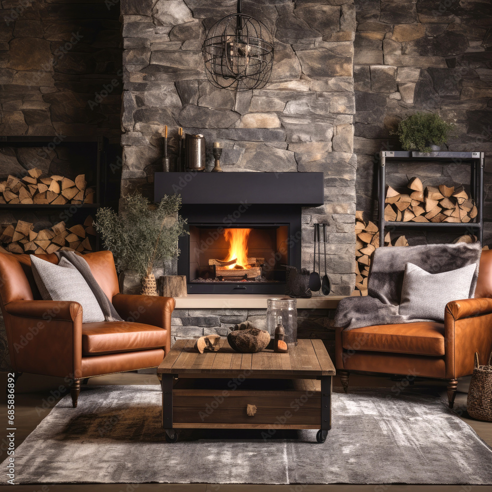 Rustic Industrial style living room with stone fireplace decorated with leather and metal materials