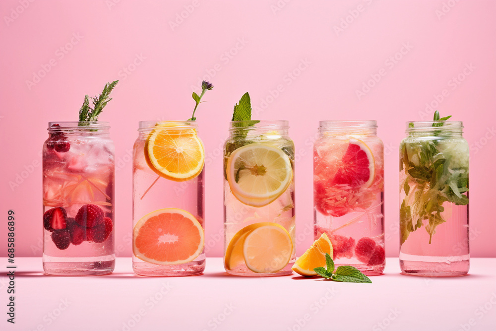 Healthy detox infused water with fruits. Refreshing summer homemade cocktail. - obrazy, fototapety, plakaty 
