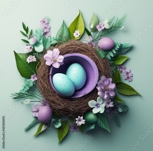 hd easter eggs in a nest, green leaves and flower,