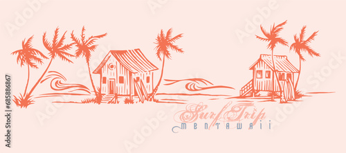 Vector illustration of stylized coastal landscape. Art in stripped and free strokes.