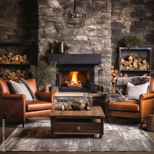 Rustic Industrial style living room with stone fireplace decorated with leather and metal materials