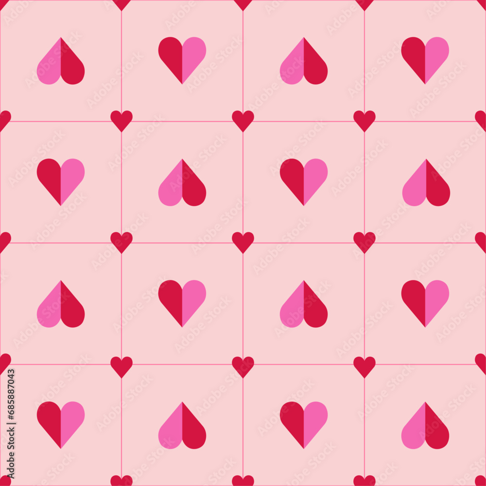 Papercut heart seamless pattern with pink and red geometric elements for Valentine`s Day. Designed for wallpaper, textile, wrapping paper, fabric print. Vector illustration.