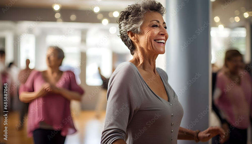 Fototapeta premium Radiant senior woman engaging in physical activity in a dance class