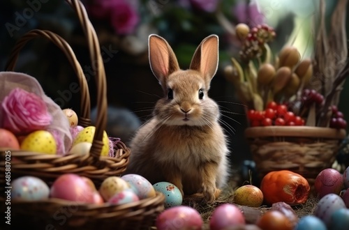 a brown rabbit is sitting near baskets and other easter colored eggs,