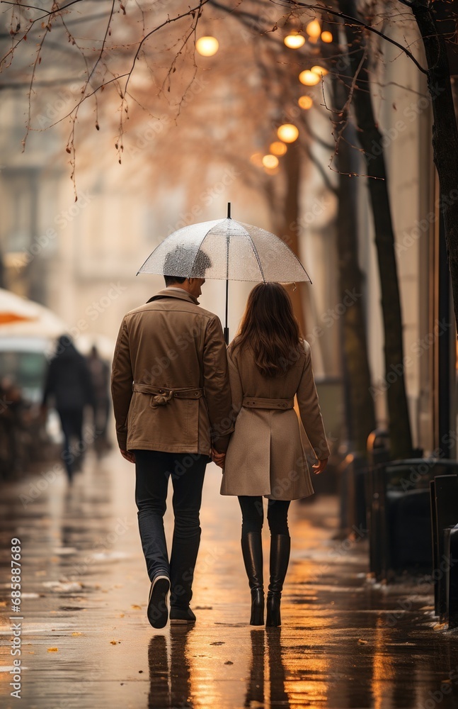 Obraz premium two people walking down a street with umbrellas,