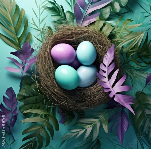 colorful easter eggs and green plants nestled