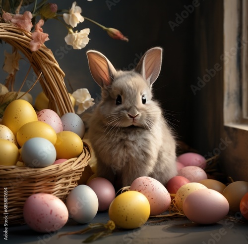 an easter bunny sits near a basket of eggs,