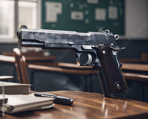 Pistol on school desk in the classroom. School shooting and mass shooting dramatic social issue. Gun control photo