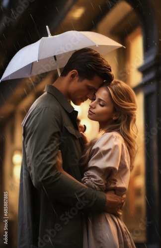 romantic couple holding an umbrella on the street,