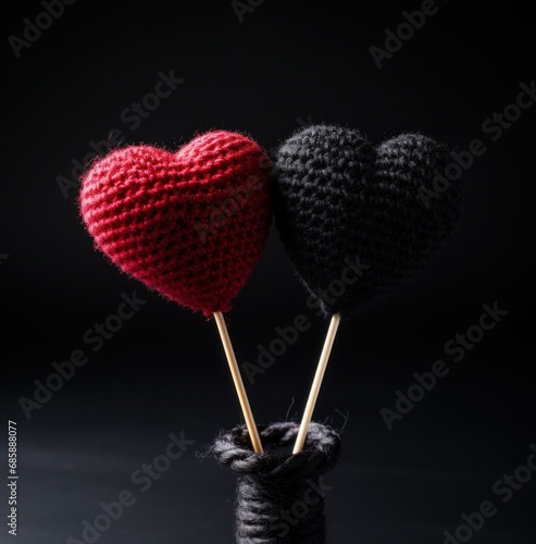 two crochet hearts on a toothpick,