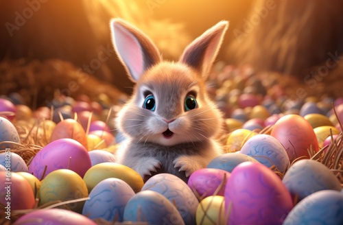 Wallpaper Mural cute bunny with colored eggs that are gathered on the ground, Torontodigital.ca