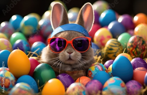 bunny in glasses standing amongst tons of colored easter eggs,