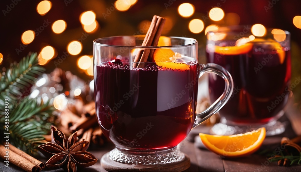 Mulled wine with orange slice and cinnamon sticks - festive bokeh lights background, warm holiday beverage, cozy winter drink Mulled wine with orange slice and cinnamon sticks - festive bokeh lights background, warm holiday beverage, cozy winter drink